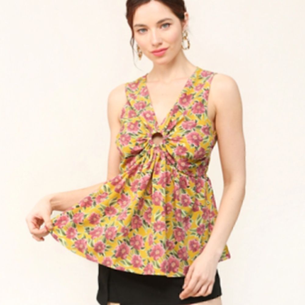 Boho Floral Print O Ring Babydoll Top Front Yoke Lining Deep V Neck